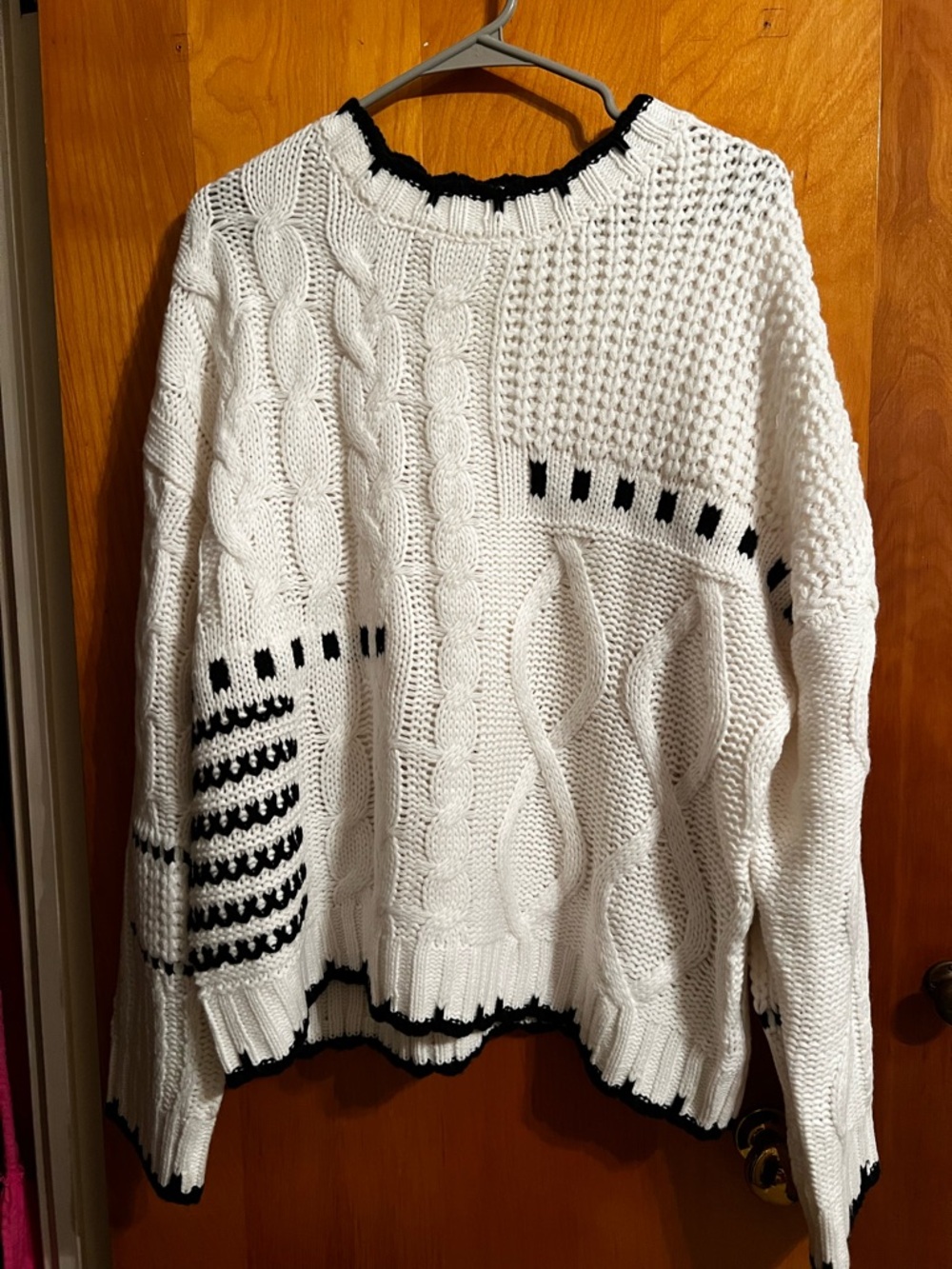 Thread & Supply White Cable Knit Sweater with Black Trim